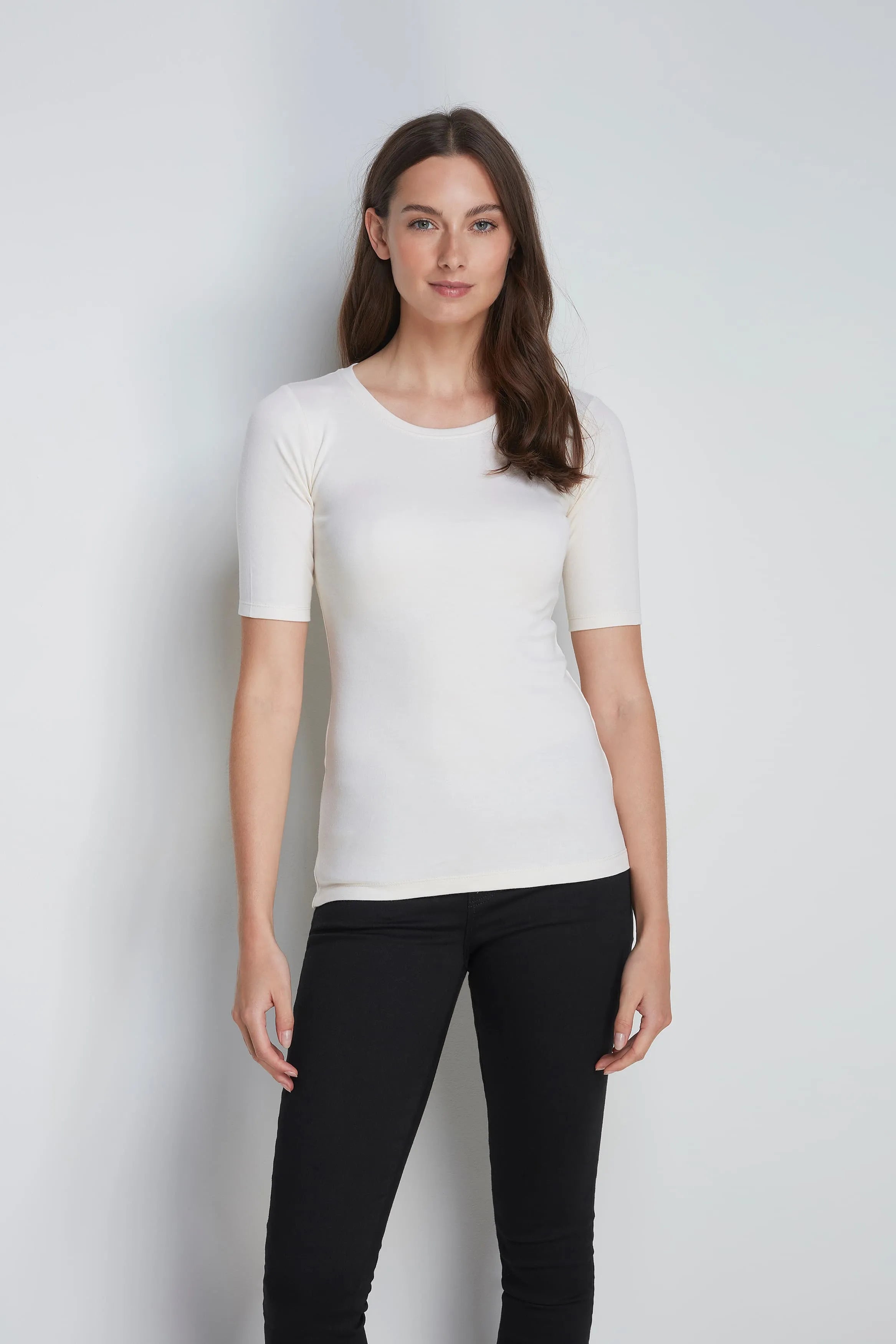 Mid-Weight Flattering Half Sleeve Cream Crew Neck T-Shirt - Quality Half Sleeve Scoop - Classic Silhouette by Lavender Hill Clothing