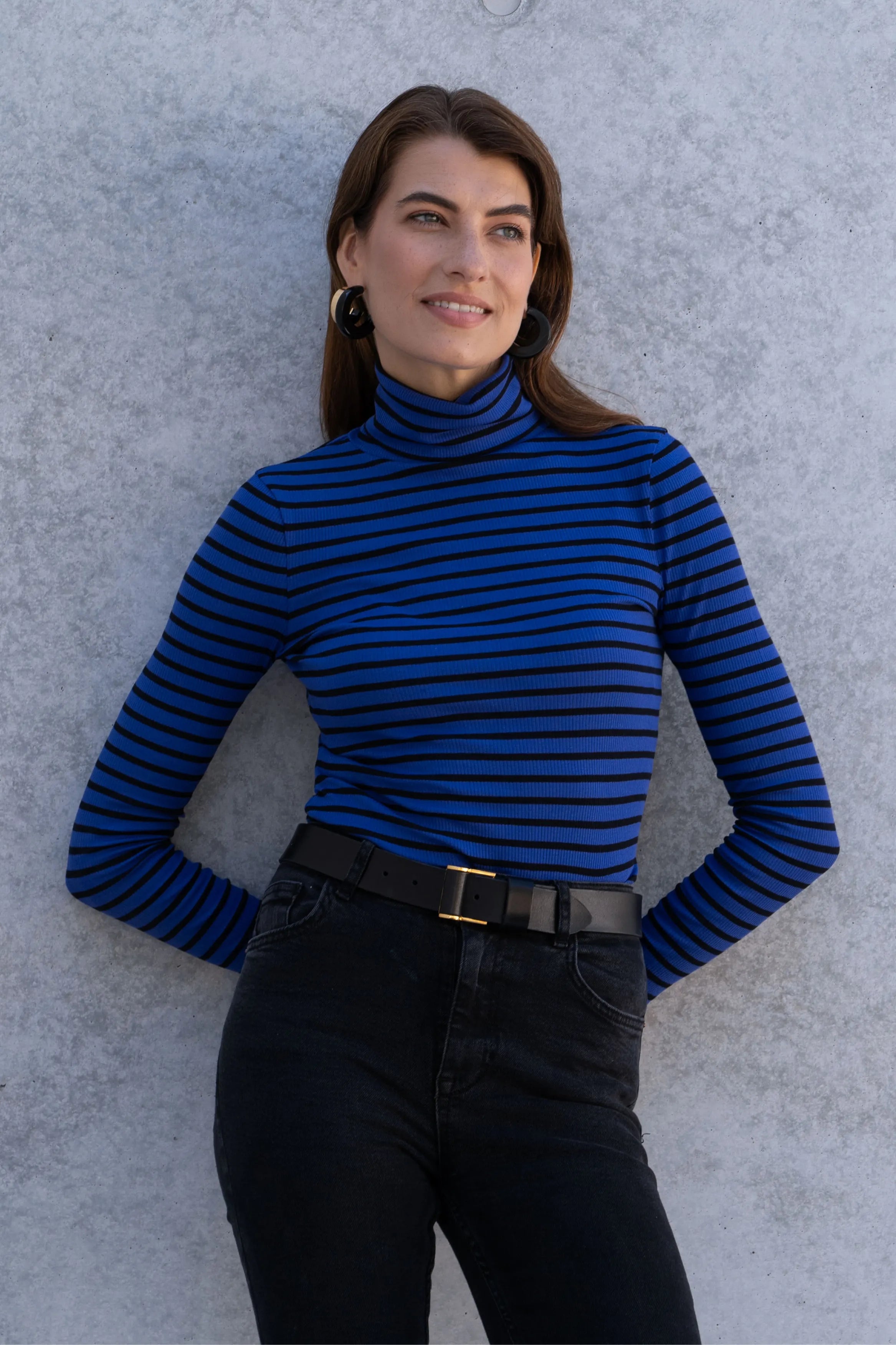 Blue black striped roll neck top