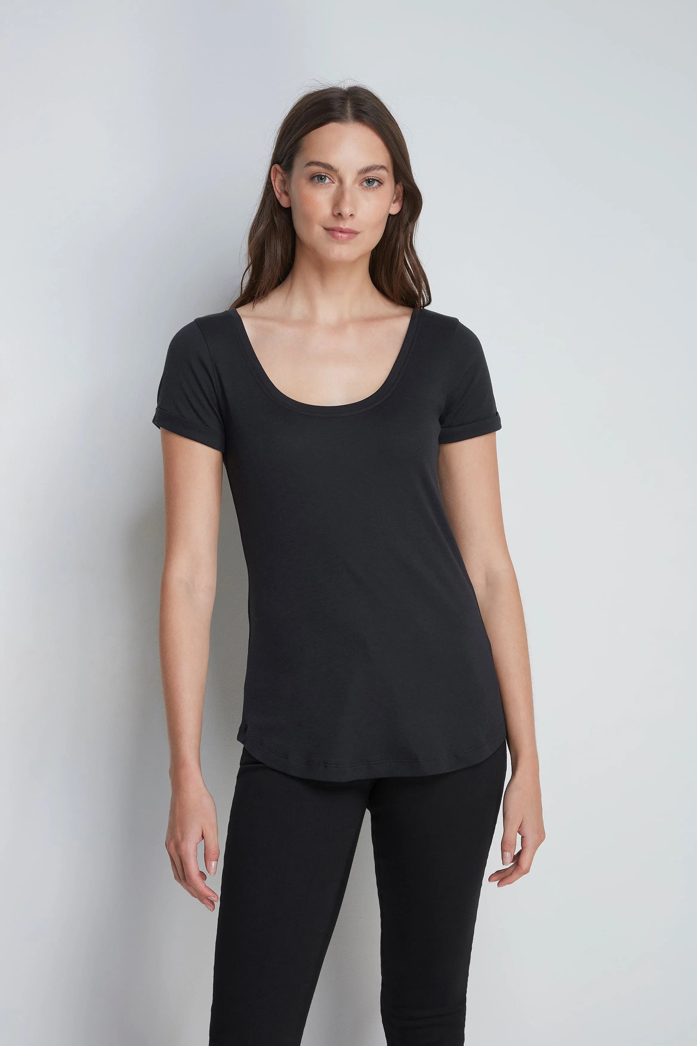 Womens Quality Black Scoop Neck T-shirt with turned up sleeves by Lavender Hill Clothing