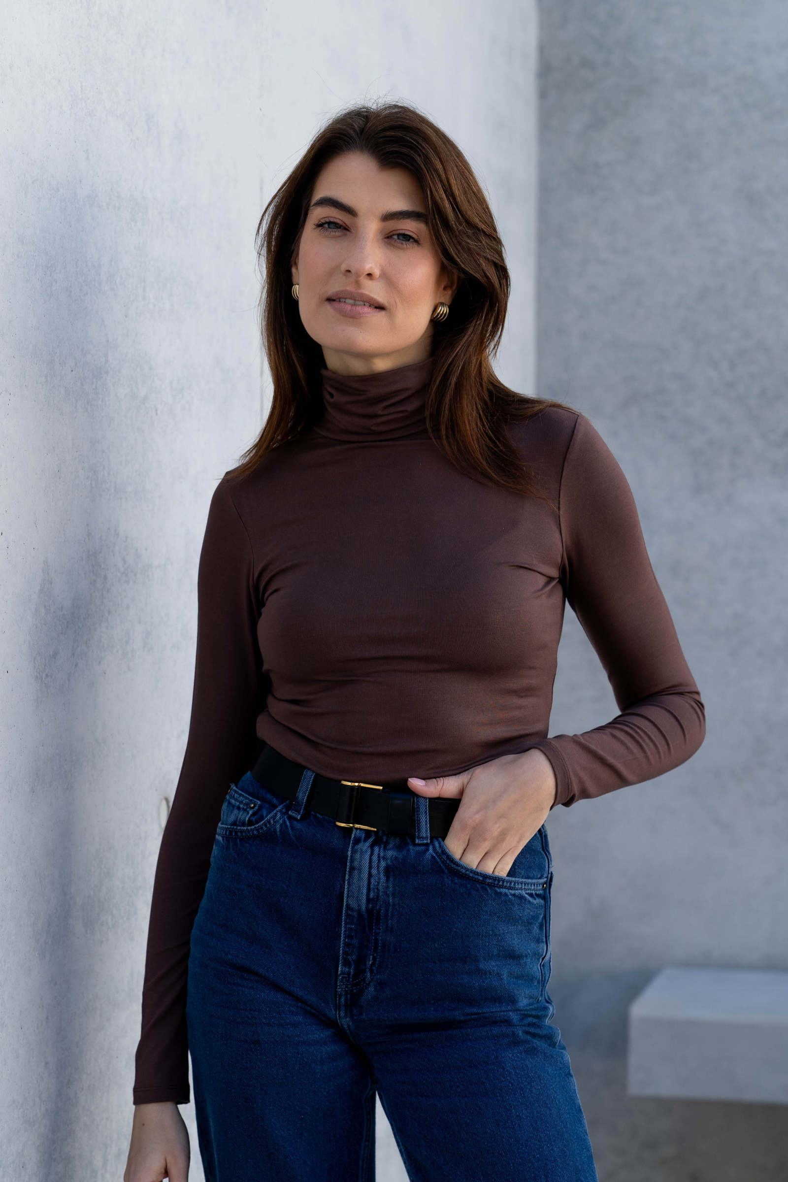 Womens chocolate brown roll neck top
