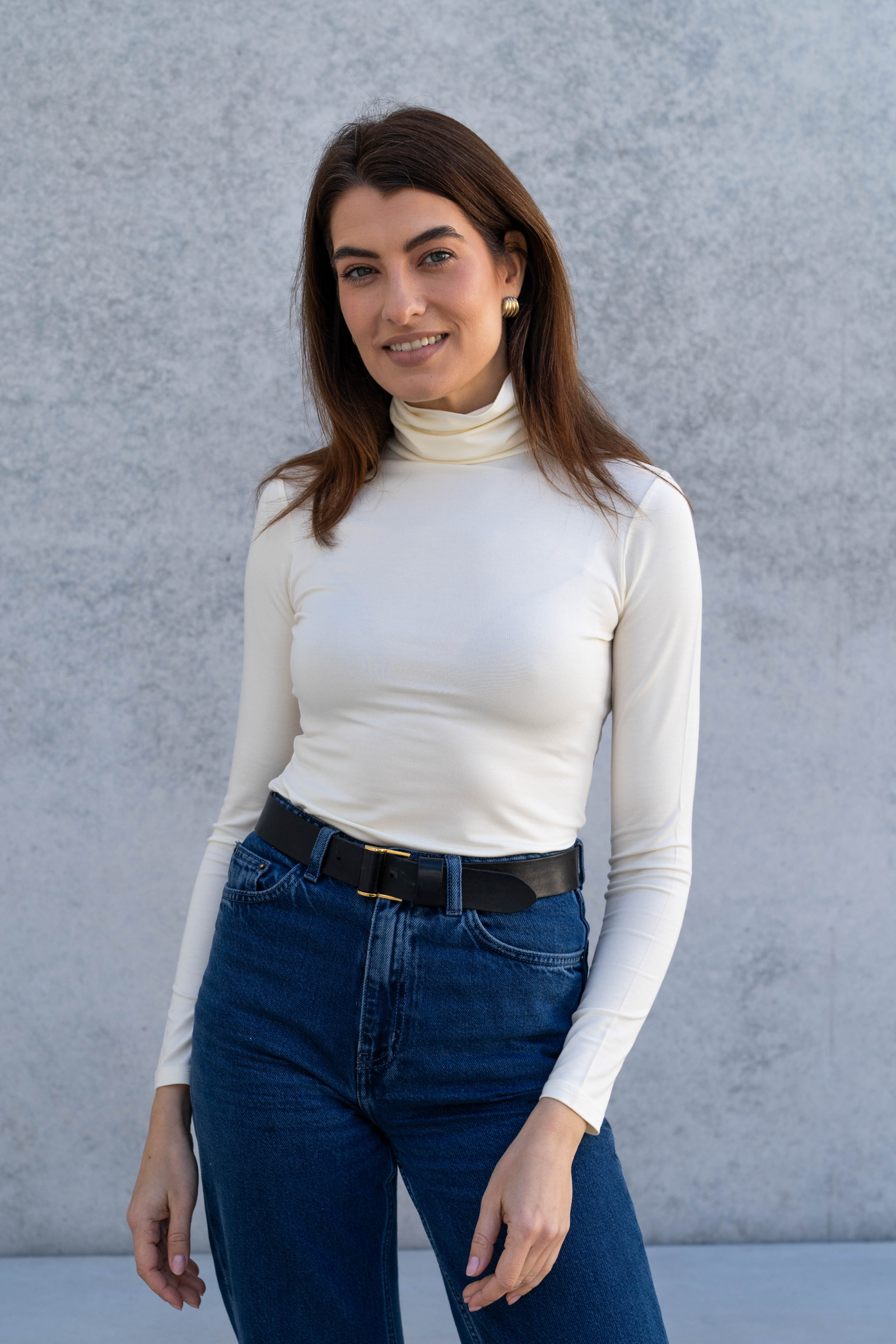 women's cream roll neck top