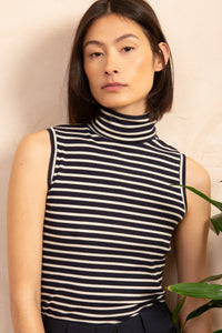 classic sleeveless striped roll neck top in navy ecru