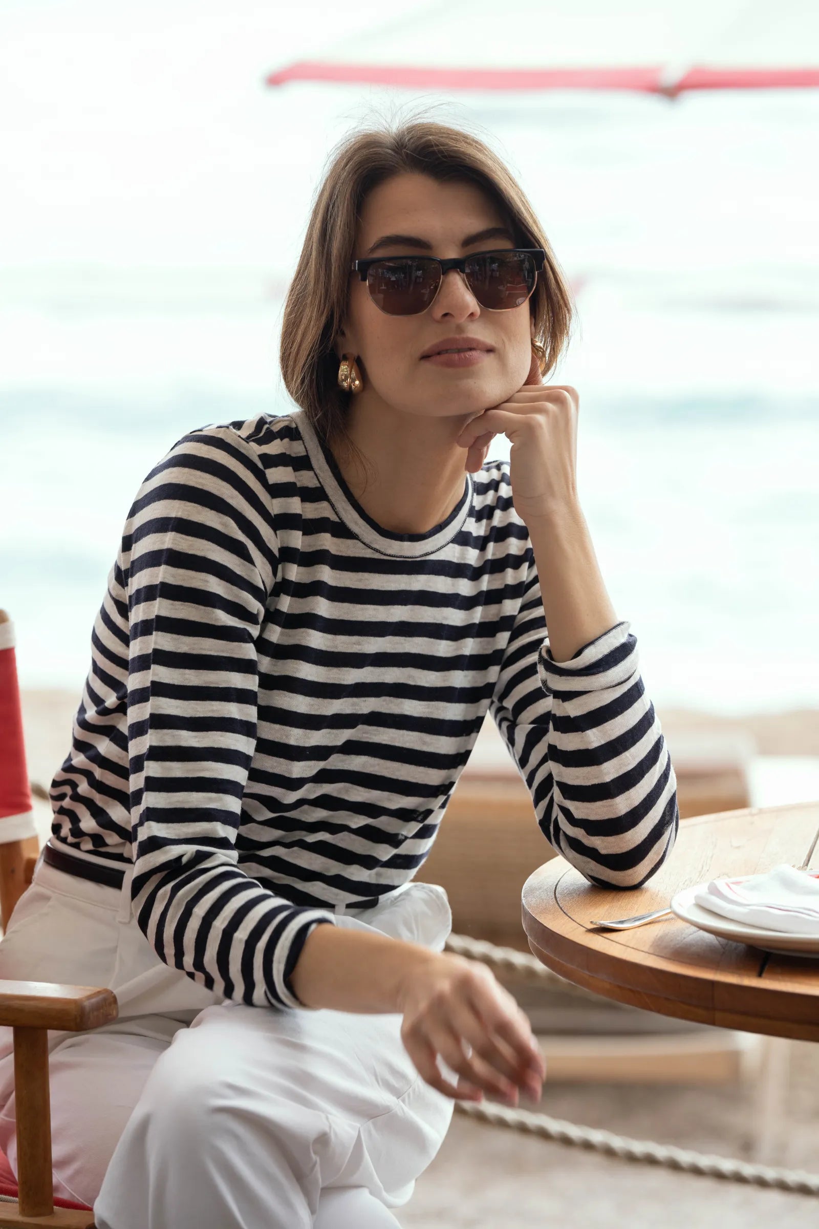 Womens navy white long sleeve striped linen t-shirt