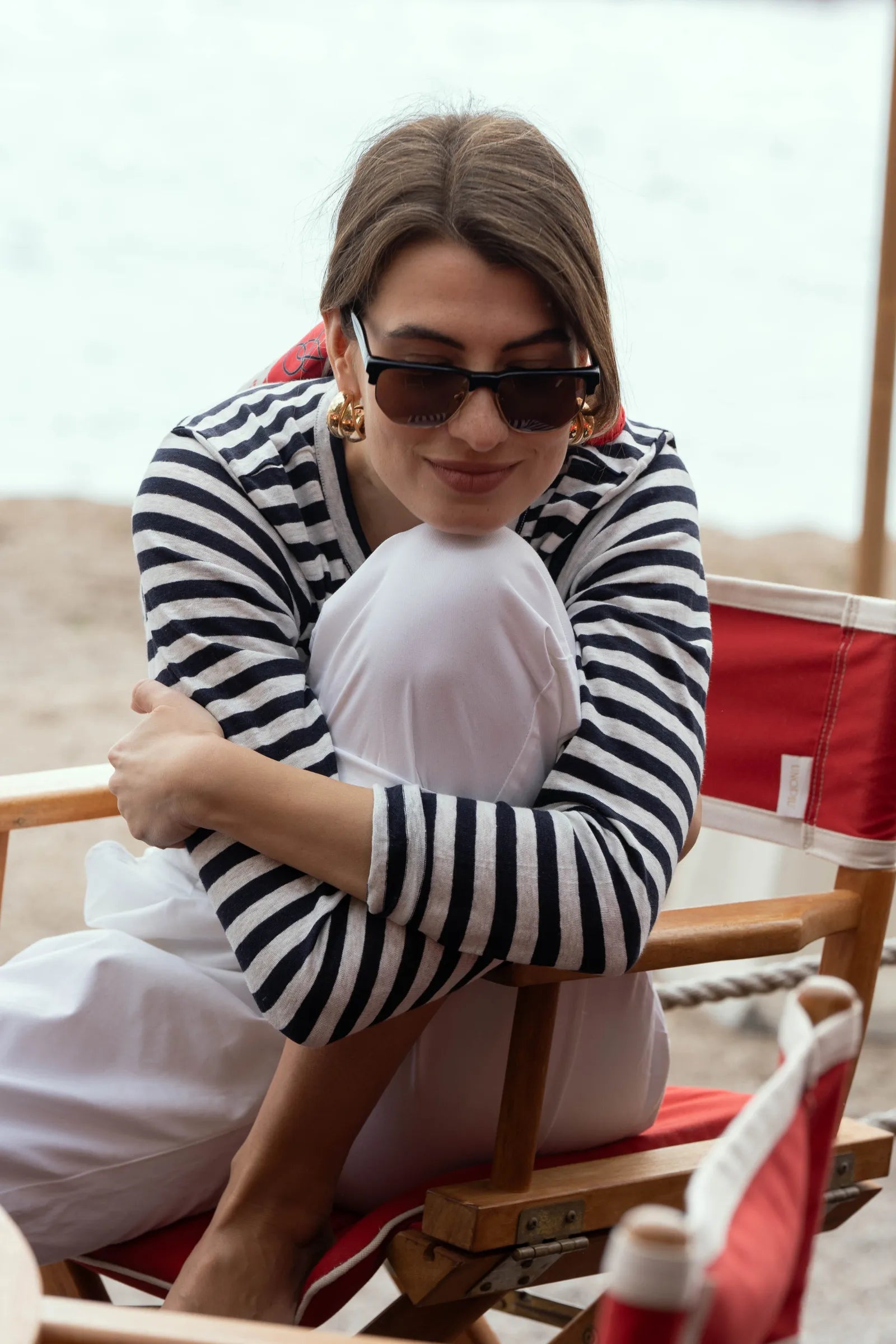 Womens navy white long sleeve striped linen t-shirt