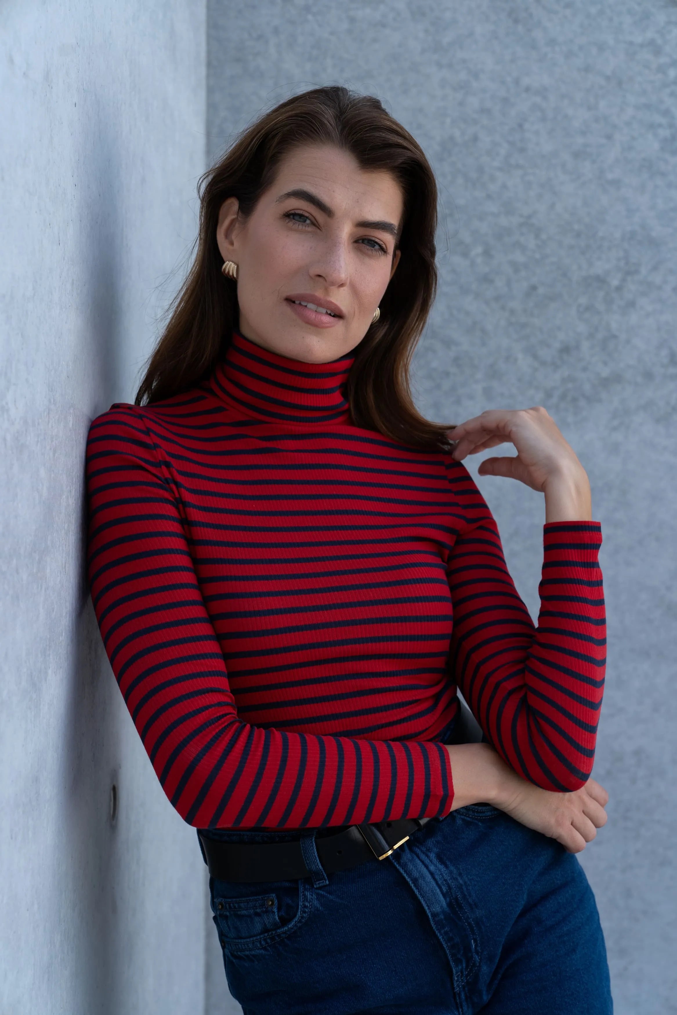 Red navy striped long sleeve roll neck top