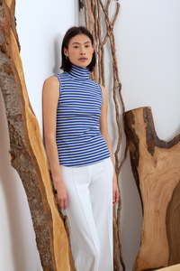 nautical striped sleeveless blue and white roll neck top