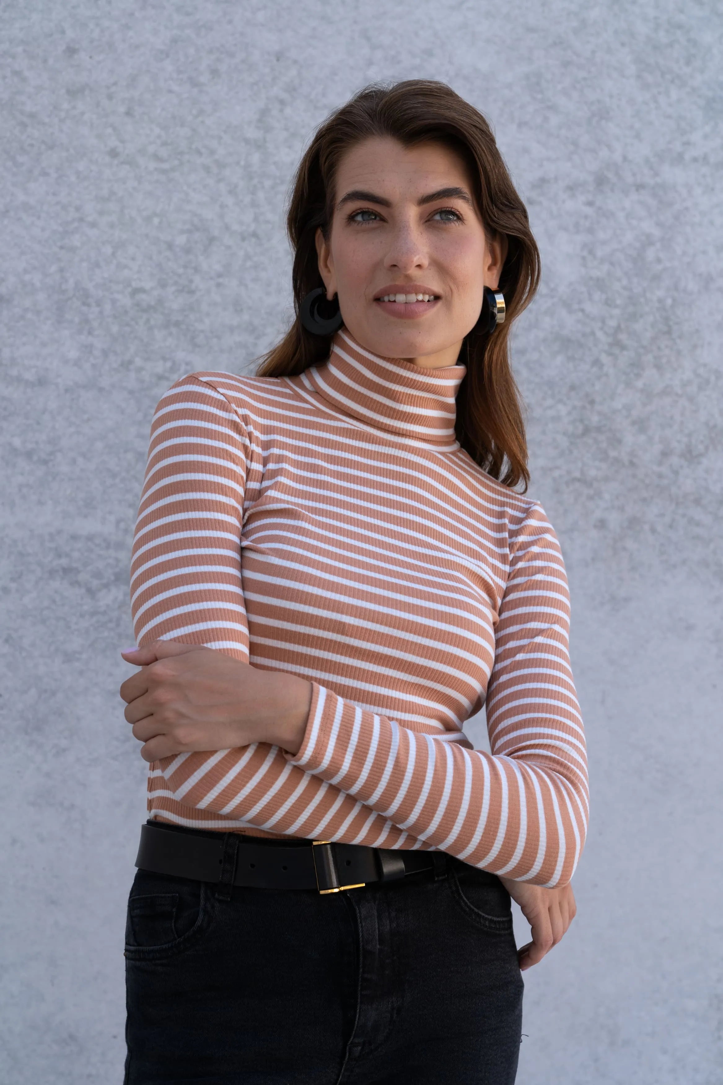 Striped roll neck top in cinnamon white