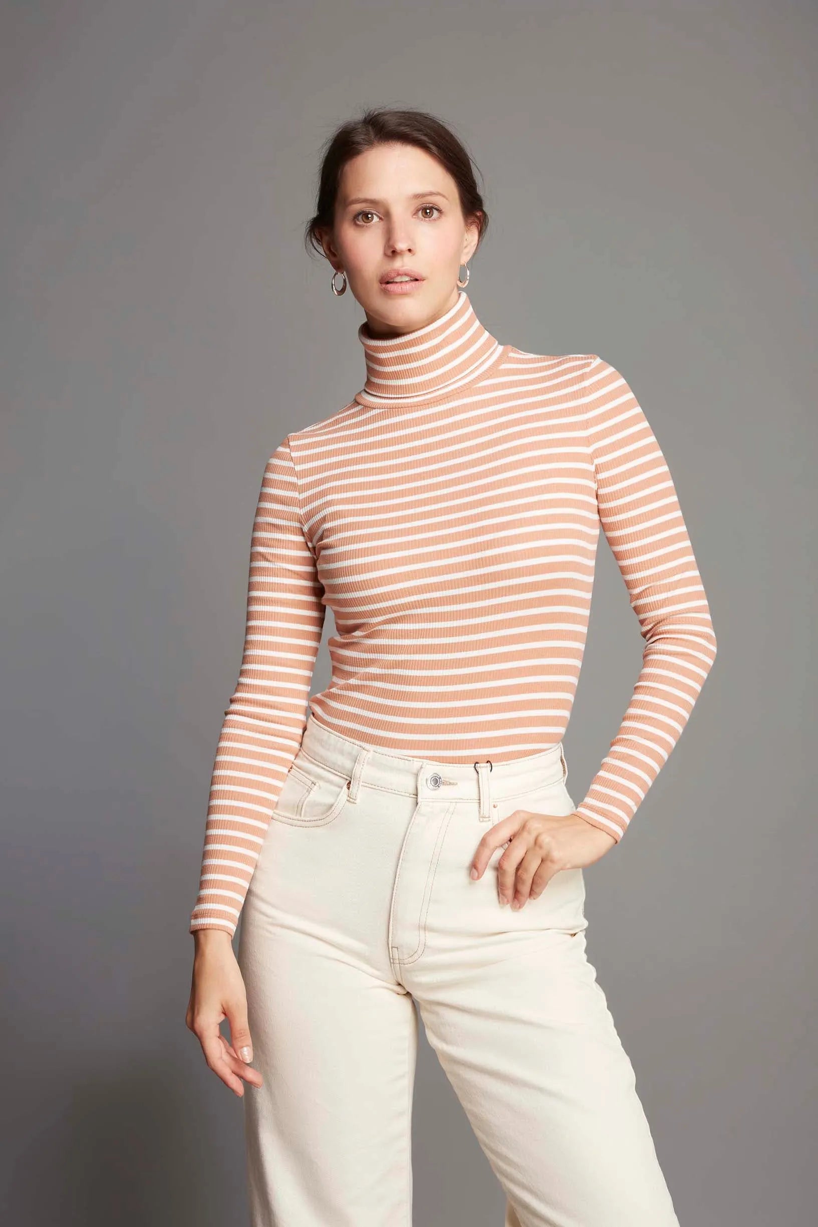 Women's Striped Cotton Roll Neck Top in Birch and Ecru - Quality Stripe Roll Neck Top - Long Sleeve Roll Neck top by Lavender Hill Clothing