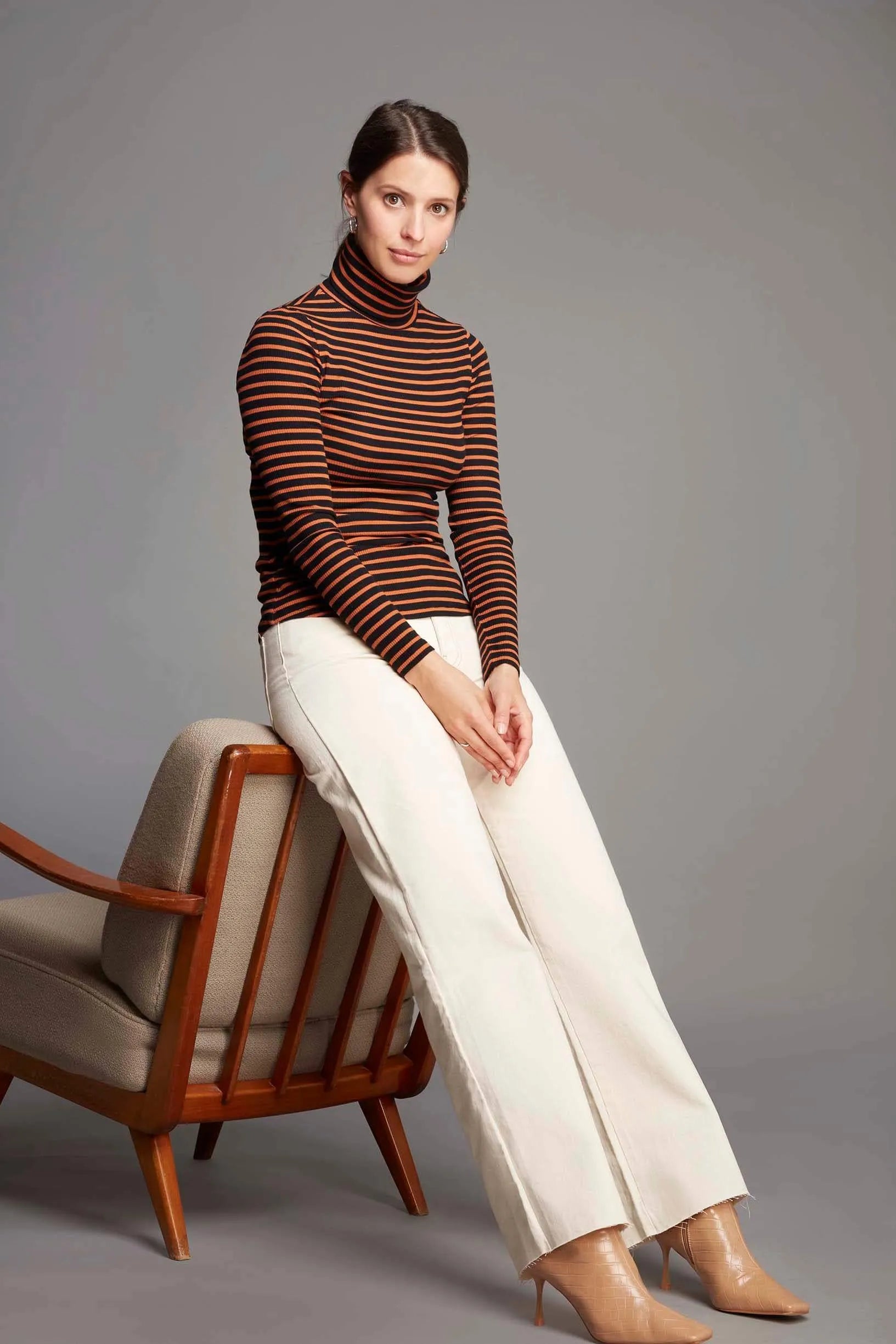 Black Orange Striped Cotton Roll Neck Top - Women's Stripe Roll Neck Top - Long Sleeve Stripe Roll Neck Top by Lavender Hill Clothing