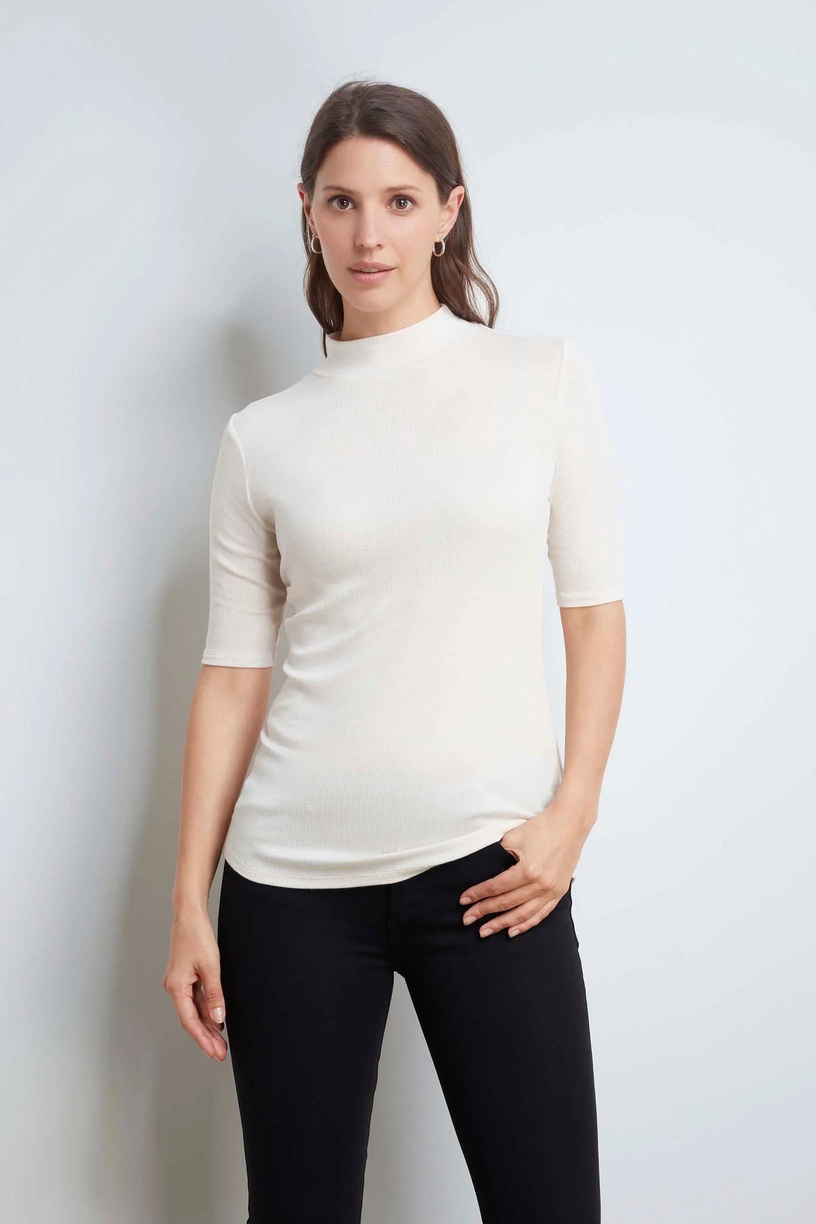 Women's Half Sleeve Mock Neck Top - High Quality Cream Mock Neck T-shirt - Half Sleeve Flattering Mock Neck - Sustainable Lavender Hill Clothing