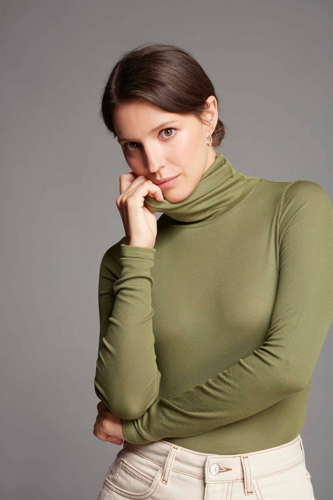 Luxury Women's Silk Rib Roll Neck Top in Olive - Long Sleeve Roll Neck Top - Essential Layering Roll Neck Top - Fitted Roll Neck Top by Lavender Hill Clothing