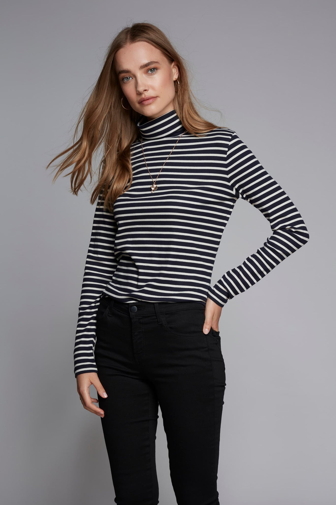 Striped Cotton Roll Neck Top in Navy and Ecru - Women's Long Sleeve Roll Neck Top - Quality Roll Neck Top - by Lavender Hill Clothing