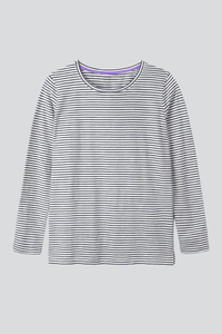 Women's Striped Crew Neck T-shirt in Navy and Ecru - Quality Long Sleeve T-shirt - Comfortable Long Sleeve Stripe T-Shirt Lavender Hill Clothing