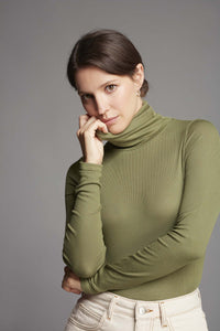 womens olive green silk roll neck top