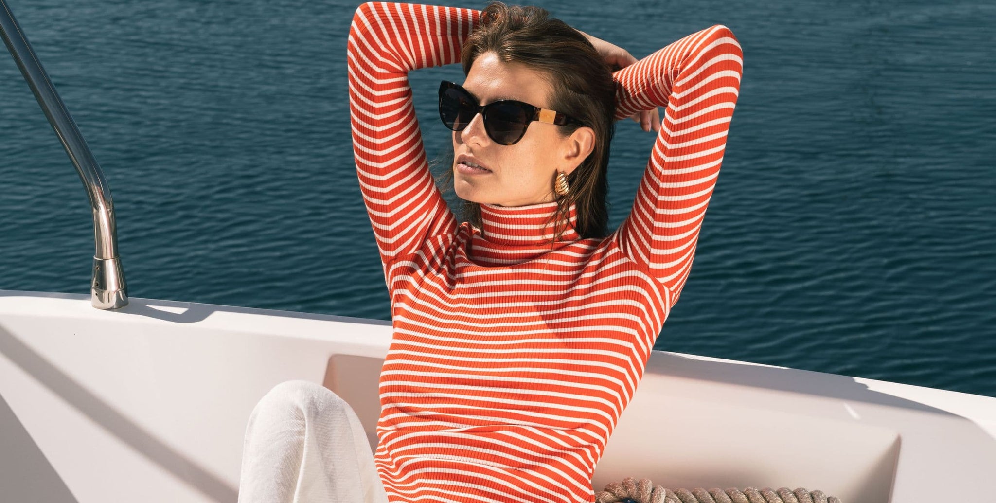 Womens Red and White Stripe Roll Neck Top