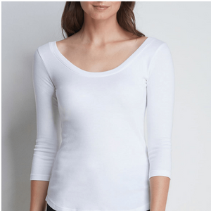 Luxury Boat Neck 3/4 Sleeve T-Shirt in White 