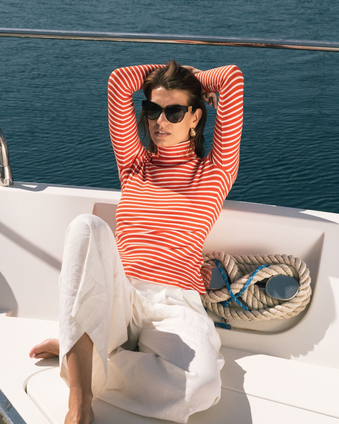 Womens red and white stripe roll neck top