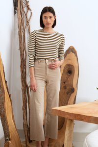 Cooling linen striped olive and white womens top