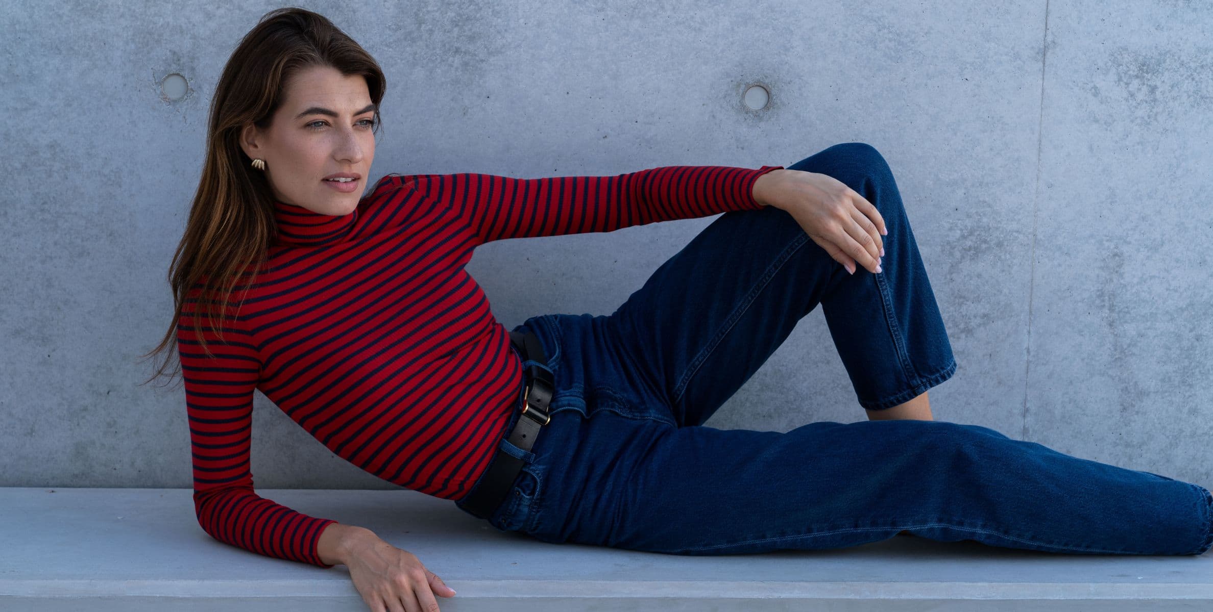 Red and navy striped roll neck top