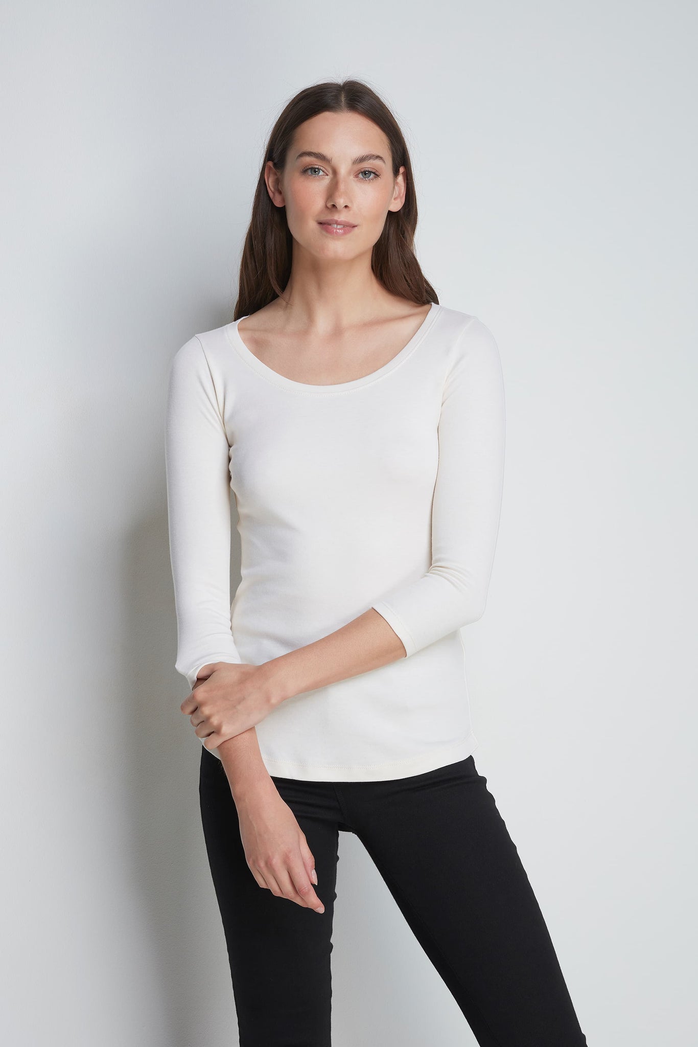 Quality Cotton Jersey 3/4 Sleeve Scoop Neck T-Shirt in White by Lavender Hill Clothing 