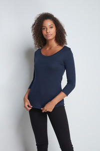 Women's Quality Cotton Jersey 3/4 Sleeve Scoop Neck T-Shirt in Navy by Lavender Hill Clothing