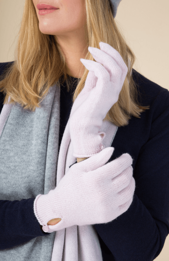 Scottish Cashmere Button Gloves in Pink - Women's Cashmere Gloves - Soft Accessories Lavender Hill Clothing