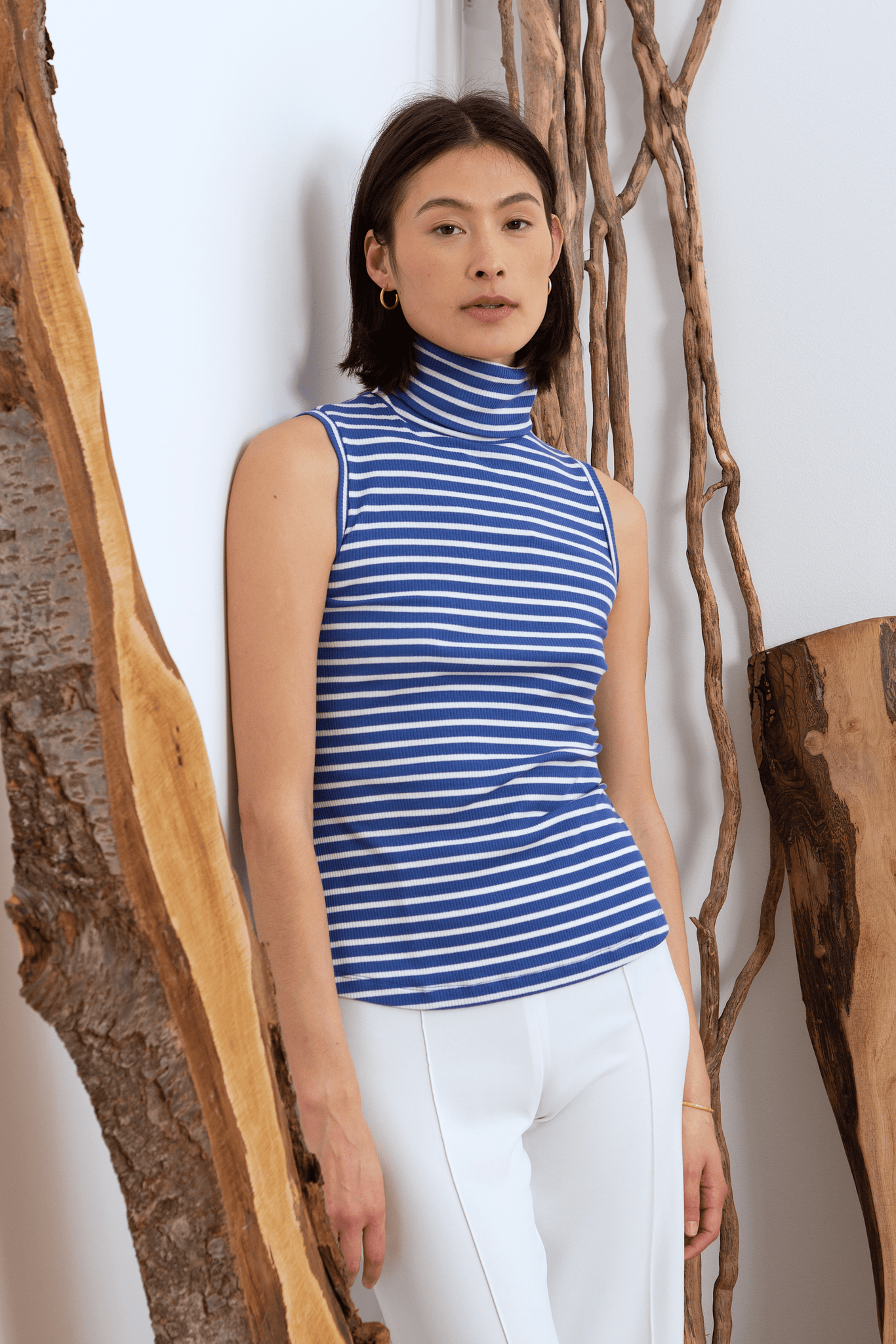 Sleeveless Striped Cotton Roll Neck