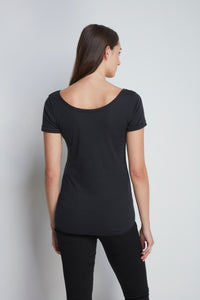 Womens Quality Black Scoop Neck T-shirt with turned up sleeves by Lavender Hill Clothing