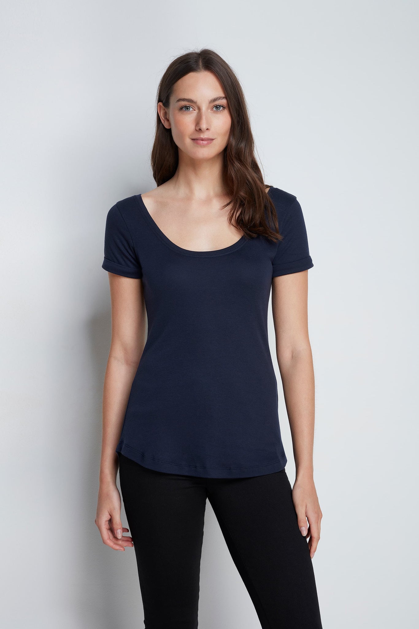 Women's Boat Neck Cotton Modal Blend Short Sleeved T-Shirt in Navy by Lavender Hill Clothing