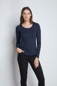 Long Sleeve Navy Scoop Neck T-shirt - High Quality Flattering Scoop Neck - Classic Mid-Weight Long Sleeve T-Shirt by Lavender Hill Clothing