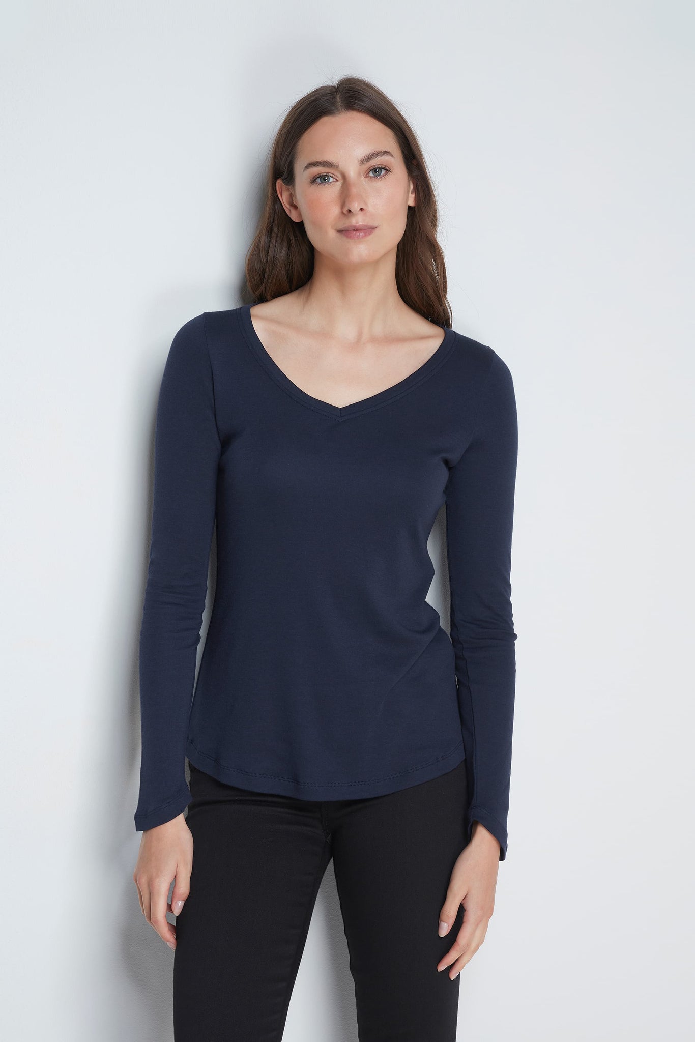 Women's High Quality Long Sleeve V-Neck T-Shirt - Comfortable V-Neck T-Shirt - Flattering Long Sleeve T-Shirt - Soft Navy Long Sleeve V-Neck by Lavender Hill Clothing