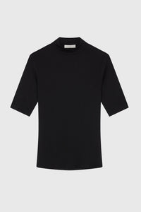 Women's Half Sleeve Black Mock Neck Top - High Quality Black Mock Neck T-shirt - Half Sleeve Flattering Mock Neck - Sustainable Lavender Hill Clothing