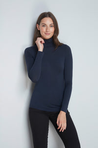 Women's High Quality Long Sleeve Navy Roll Neck Top - Comfortable Polo Neck - Flattering Long Sleeve T-Shirt - Soft Navy Long Sleeve Polo Neck by Lavender Hill Clothing