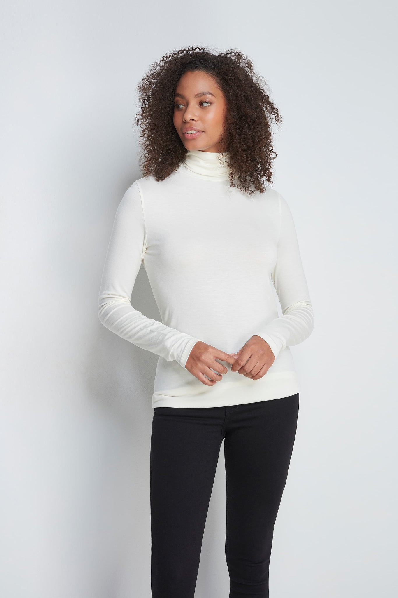 Women's High Quality Long Sleeve Cream Roll Neck Top - Comfortable Polo Neck - Flattering Long Sleeve T-Shirt - Soft Navy Long Sleeve Polo Neck by Lavender Hill Clothing