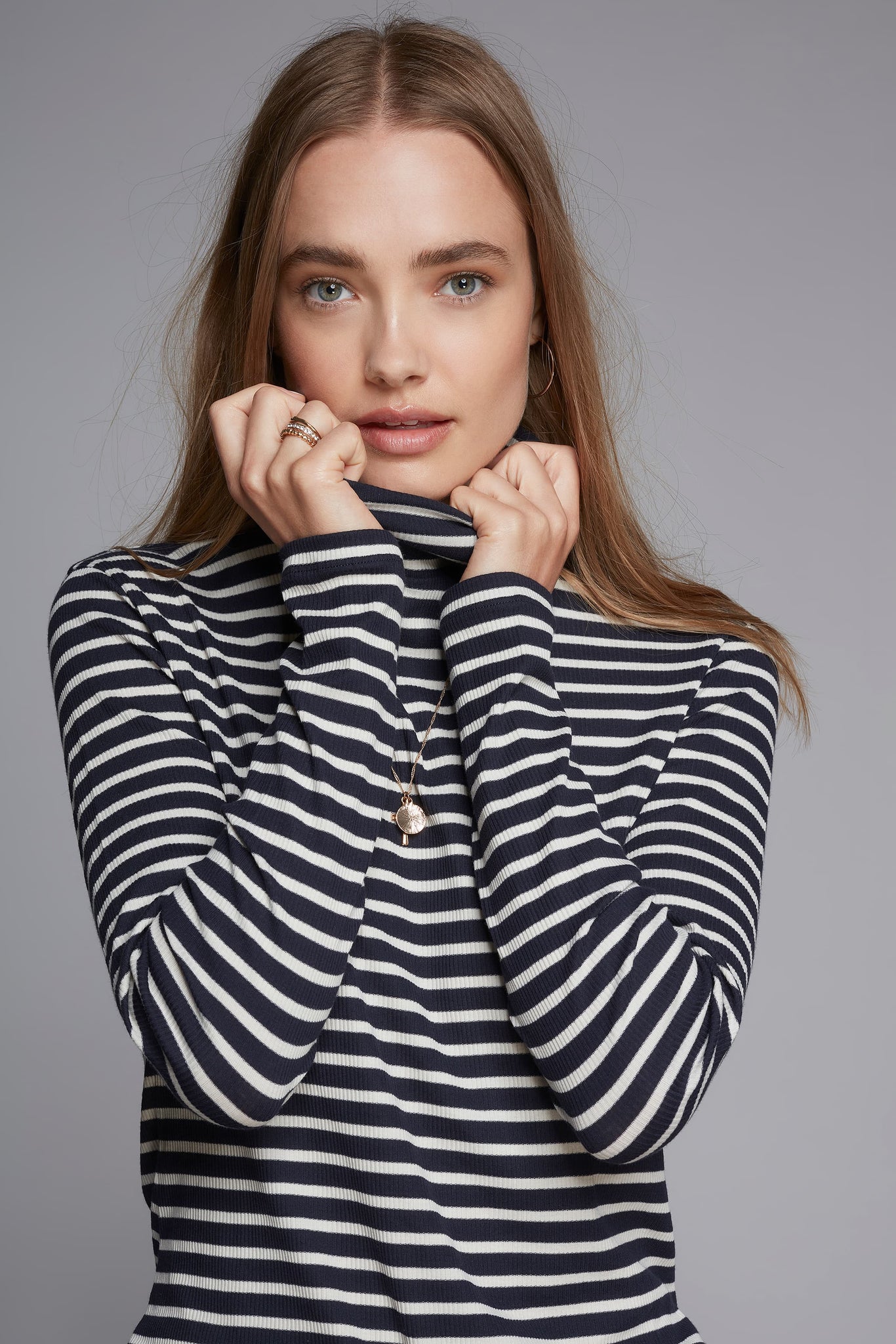Women's Striped Cotton Roll Neck Top in Navy Ecru - Long Sleeve Stripe Cotton Roll Neck Top - Comfortable Roll Neck Top by Lavender Hill Clothing