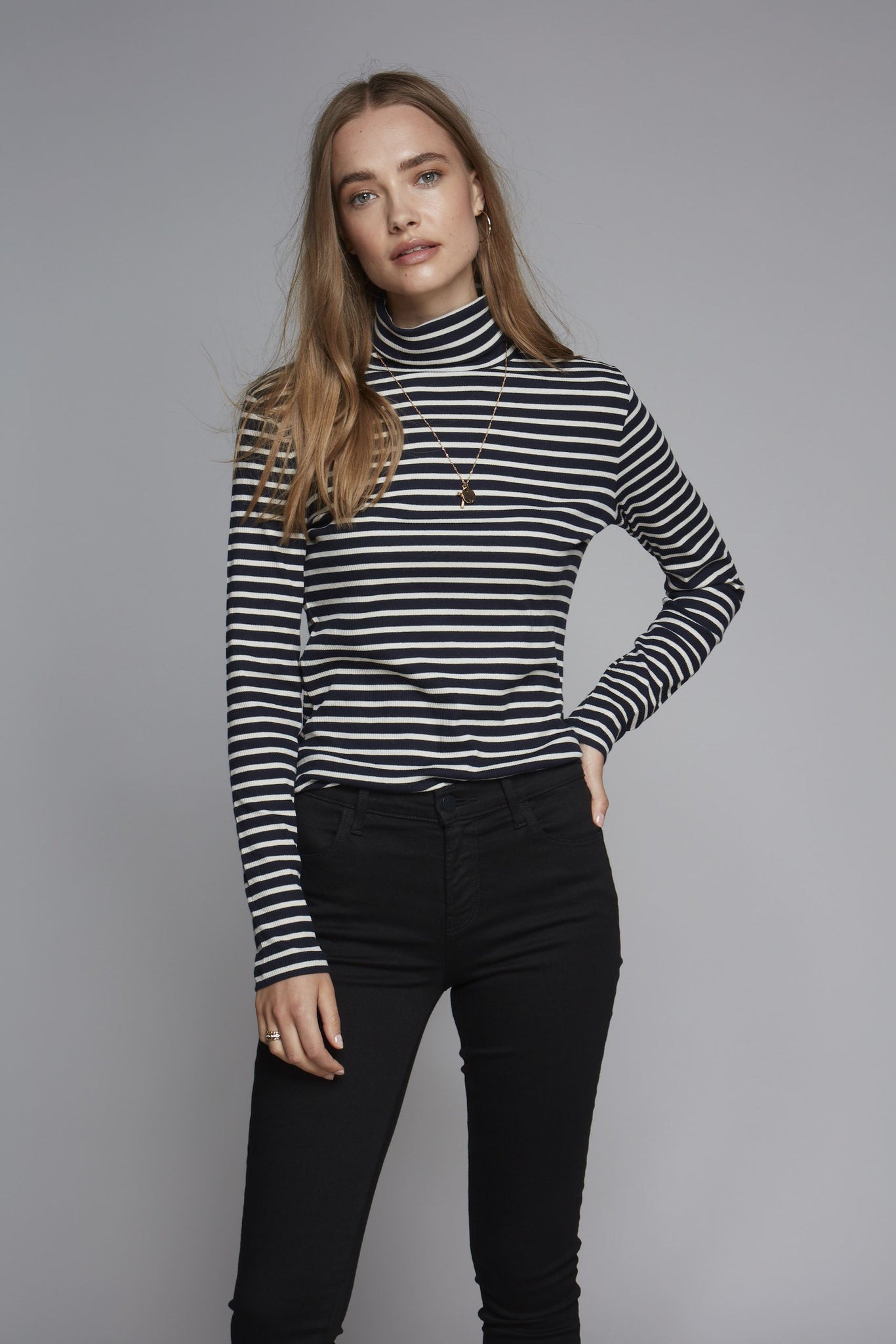 Women's Striped Cotton Roll Neck Top - Navy Ecru Long Sleeve Stripe Roll Neck Top - Flattering Roll Neck Top by Lavender Hill Clothing