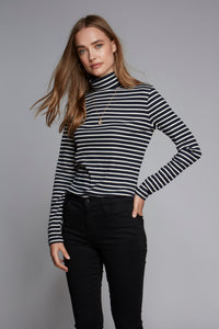 Striped Cotton Roll Neck Top in Navy Ecru - Women's Long Sleeve Roll Neck Top - Flattering Stripe Roll Neck Top by Lavender Hill Clothing