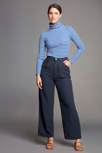 Striped Cotton Roll Neck Top Blue White - Women's Long Sleeve Stripe Cotton Top - Comfortable Roll Neck Top - Flattering Long Sleeve Roll Neck Top by Lavender Hill Clothing