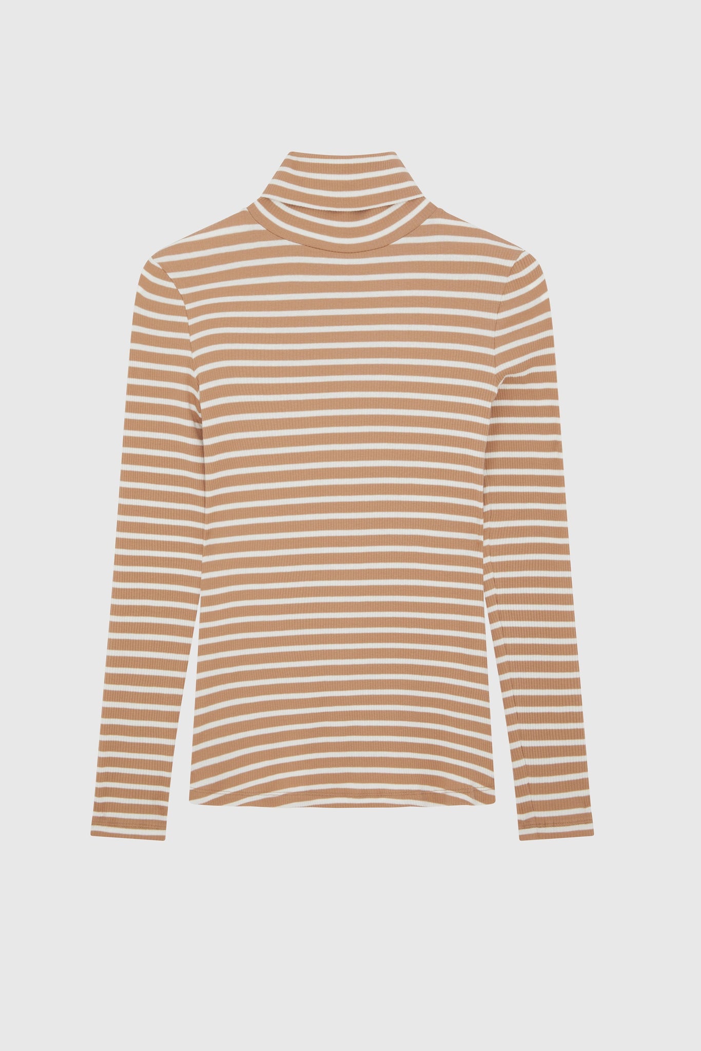 Women's Striped Cotton Roll Neck Top - Birch and Ecru Stripe Cotton Top - Quality Long Sleeve Roll Neck Top by Lavender Hill Clothing