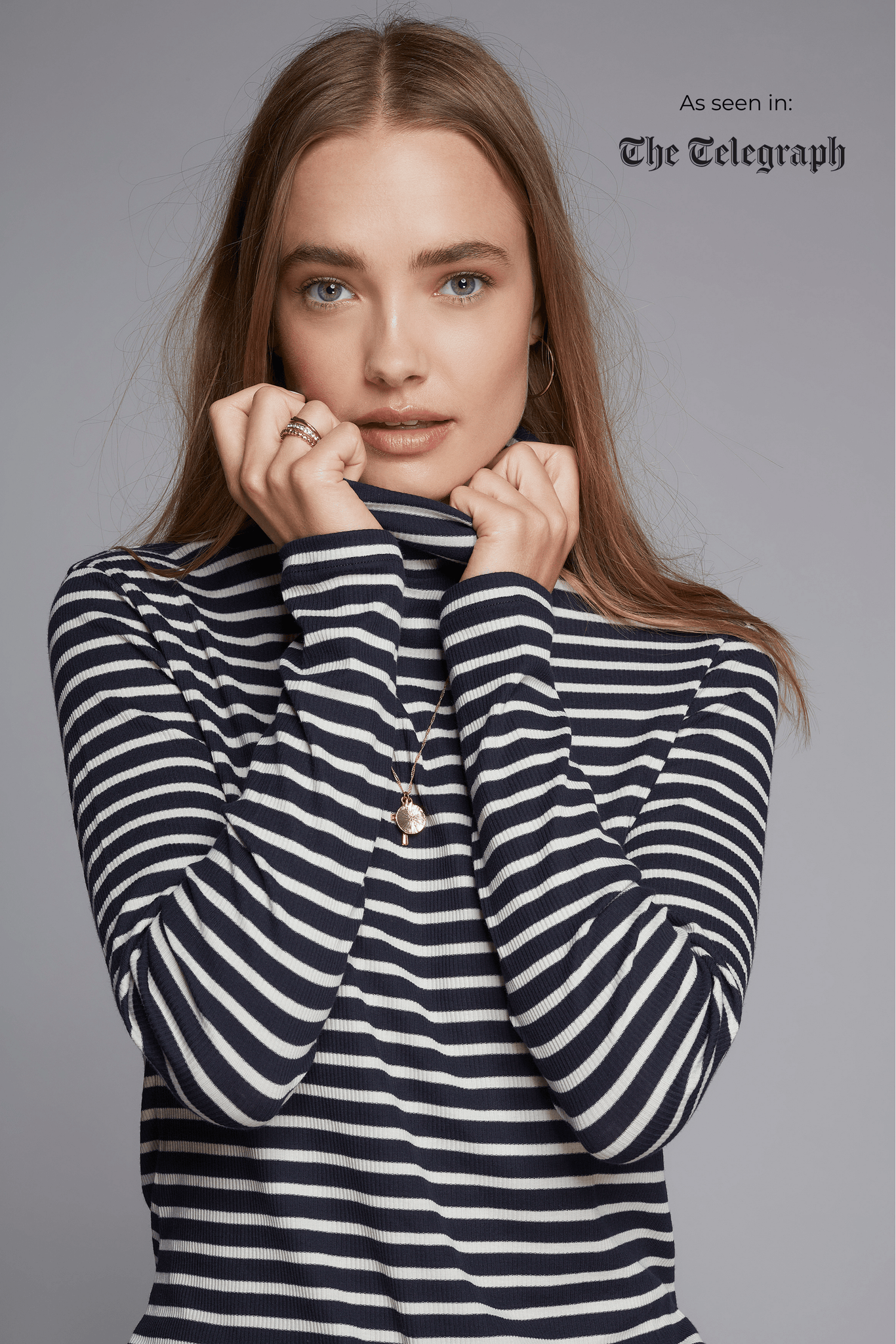 Striped Cotton Roll Neck Top in Navy Ecru - Women's Long Sleeve Roll Neck Top - Quality Stripe Roll Neck Top by Lavender Hill Clothing