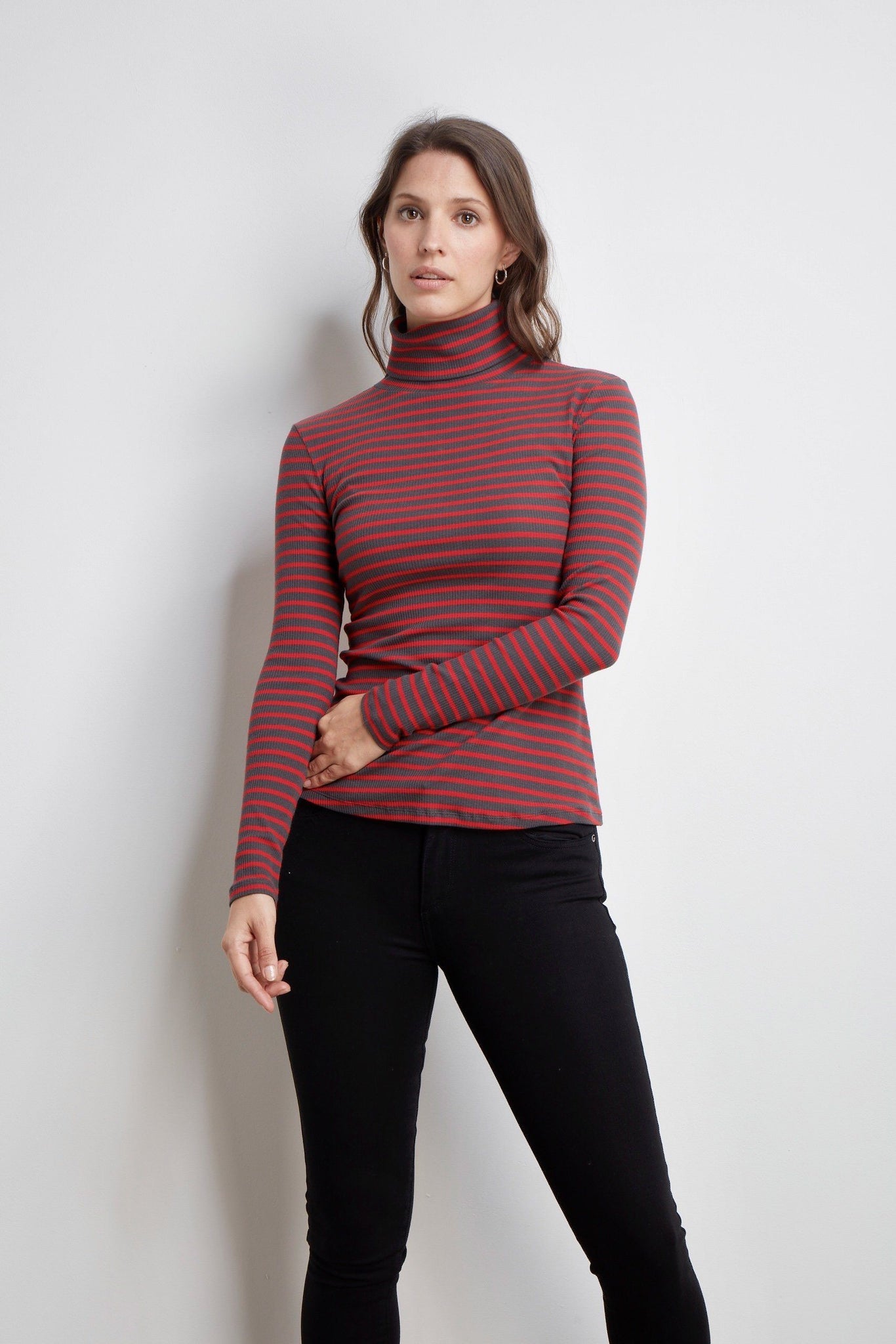 Striped Cotton Roll Neck Long Sleeve Top - Women's Stripe Cotton Long Sleeve Top in Red and Grey - Quality Roll Neck Top - Lavender Hill Clothing