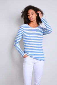 Women's blue and white Striped Linen Long Sleeved Top by Lavender Hill Clothing