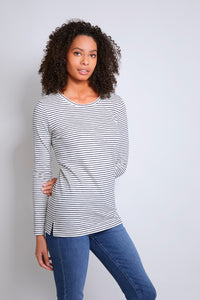 Women's Striped Crew Neck T-shirt in Navy Ecru - Quality Long Sleeve T-shirt - Essential T-Shirt - Lavender Hill Clothing