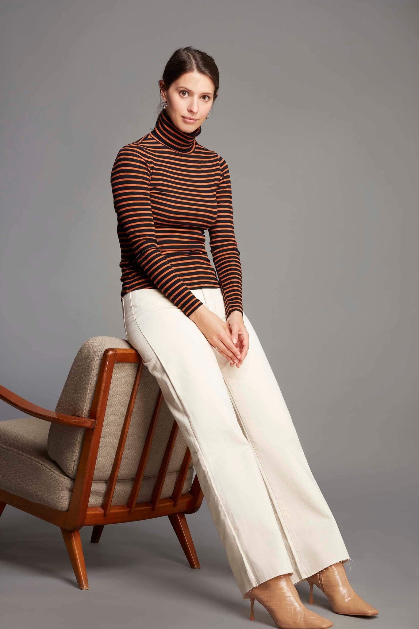 Black Orange Striped Cotton Roll Neck Top - Women's Stripe Roll Neck Top - Long Sleeve Stripe Roll Neck Top by Lavender Hill Clothing