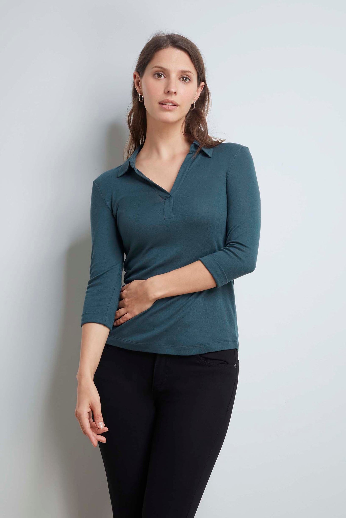 Womens Green 3/4 Sleeve Collared Cotton Modal Blend T-Shirt by Lavender Hill Clothing
