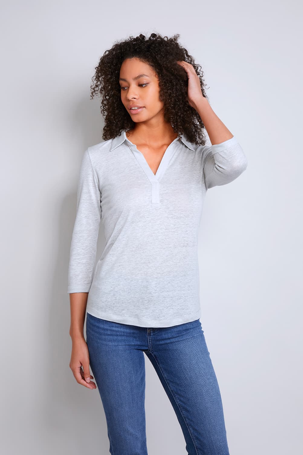 Womens Grey Collared Linen 3/4 sleeve T-shirt by Lavender Hill Clothing