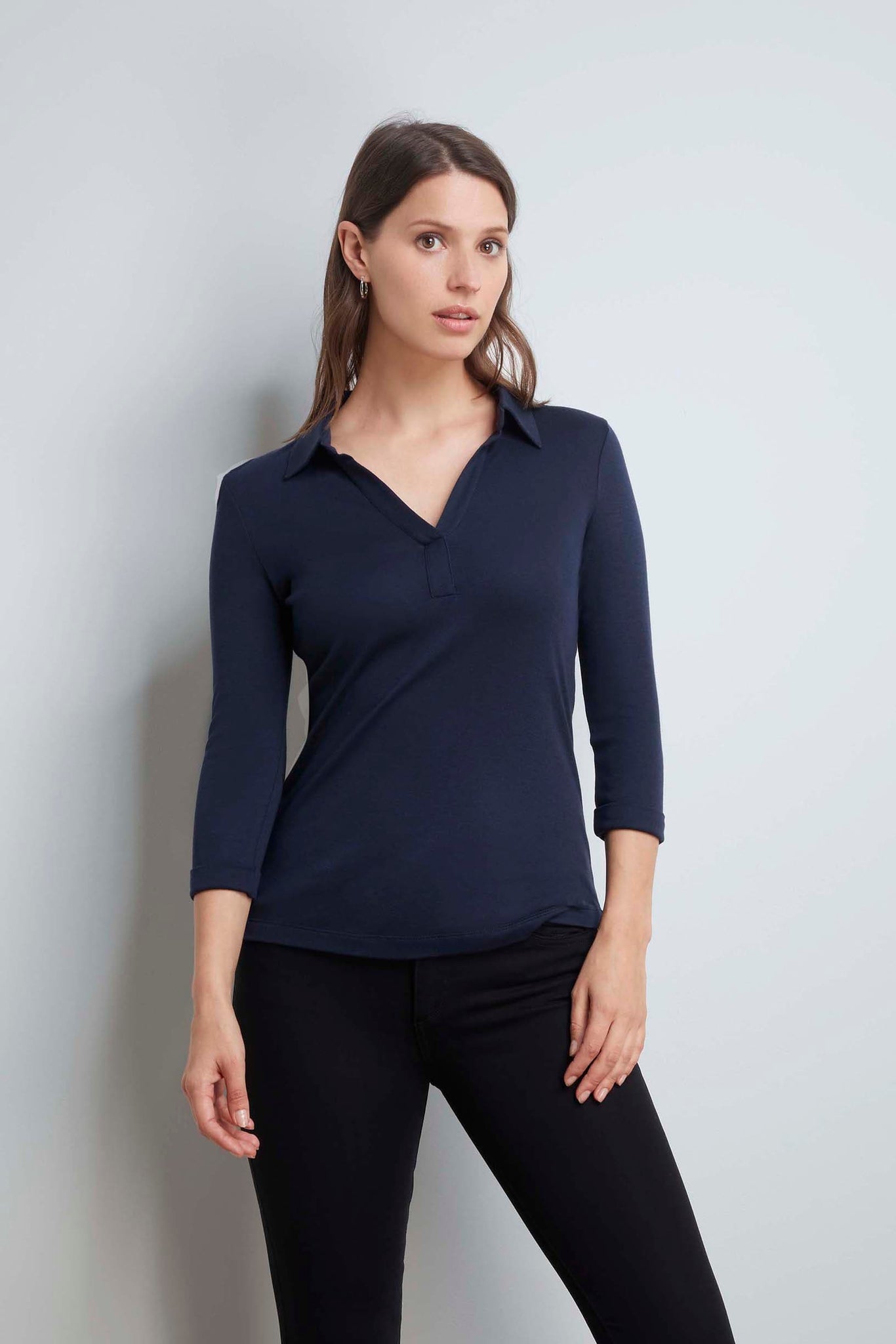 Womens Navy 3/4 Sleeve Collared Cotton Modal Blend T-Shirt by Lavender Hill Clothing