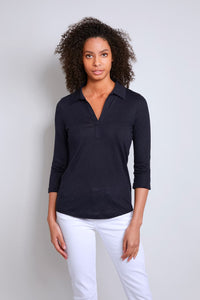Womens Navy Collared Linen 3/4 sleeve T-shirt by Lavender Hill Clothing