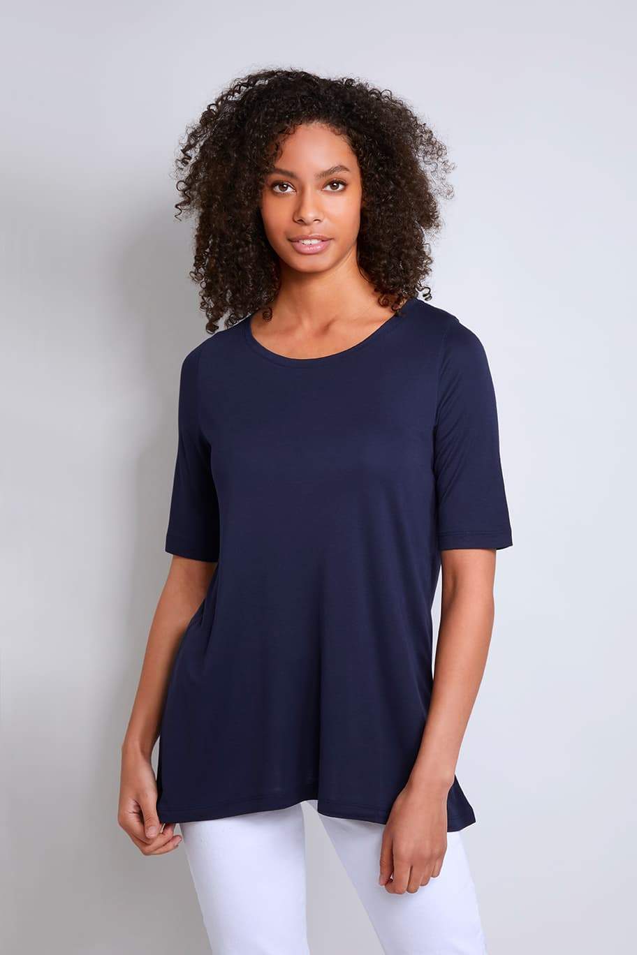 Navy Mid Sleeve A-line Micro Modal T-shirt | Flattering loose fit half sleeve womens T-shirt | Lavender Hill Clothing