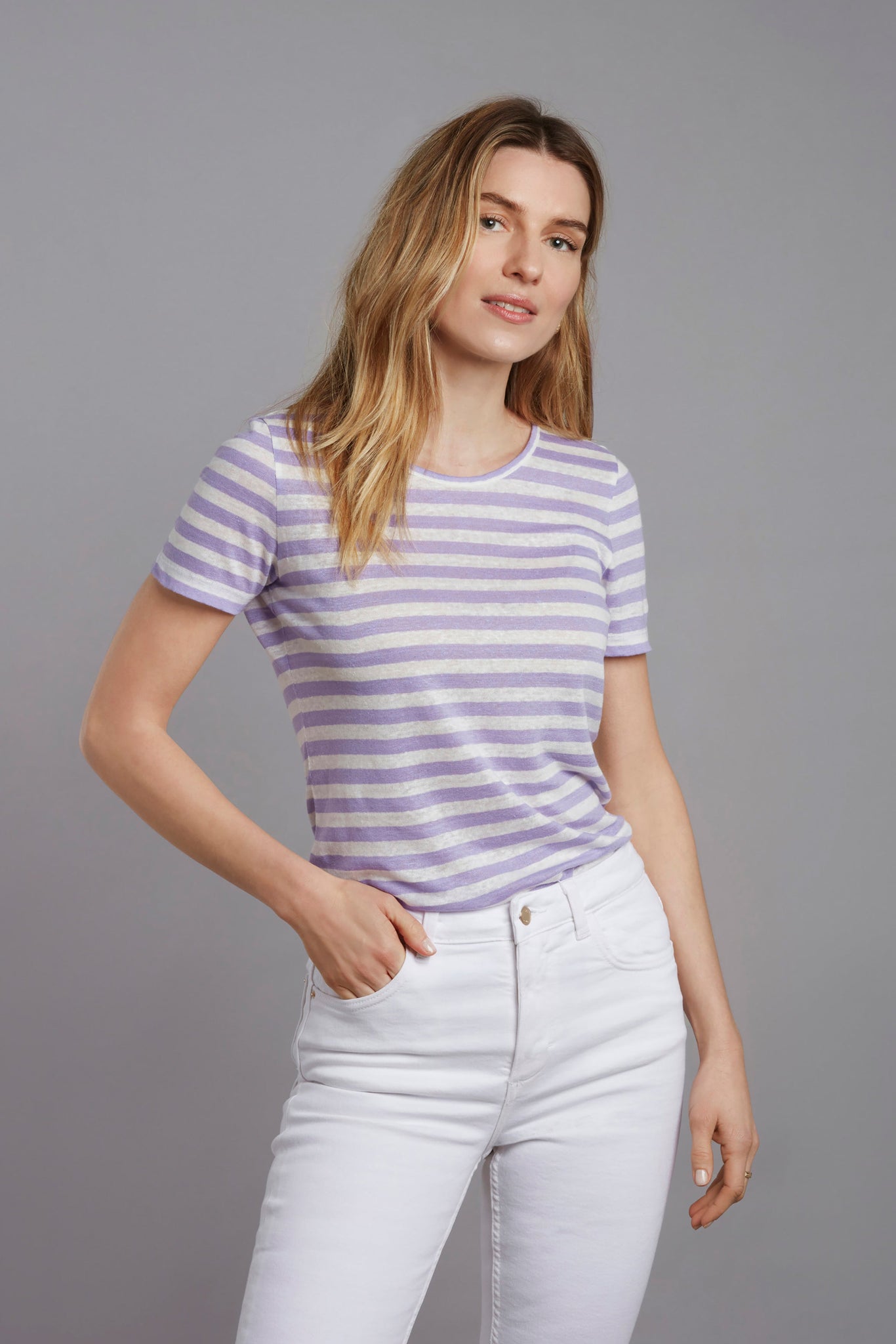 Short Sleeve Striped Linen T-shirt Women's Short Sleeve T-shirt Lavender Hill Clothing